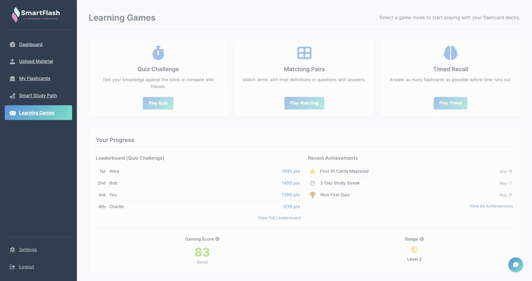 SmartFlash learning games screen