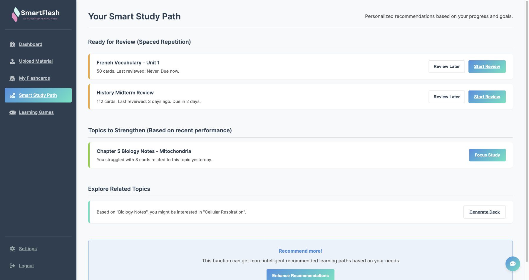 SmartFlash smart study path screen