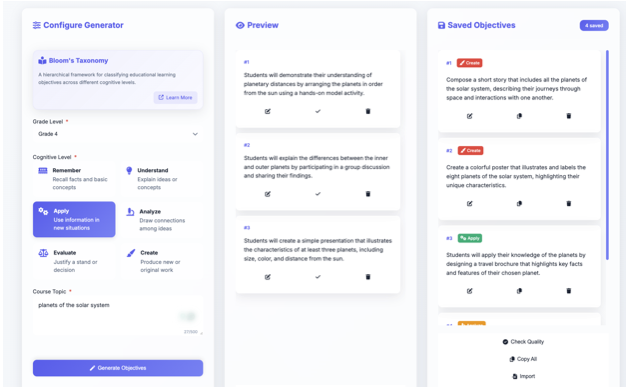 LOGEN AI main interface with configuration, preview, and saved objectives panels