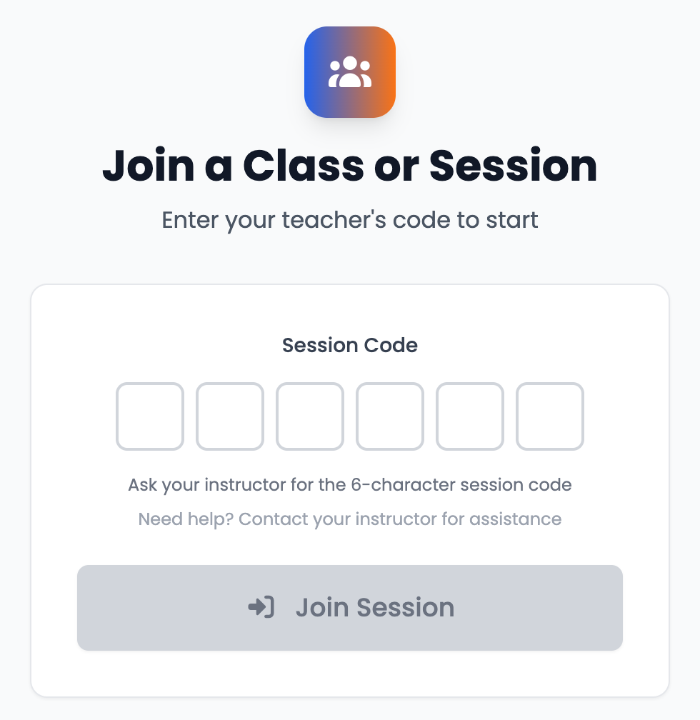 CHECKPOINT student join screen with a six-character session code