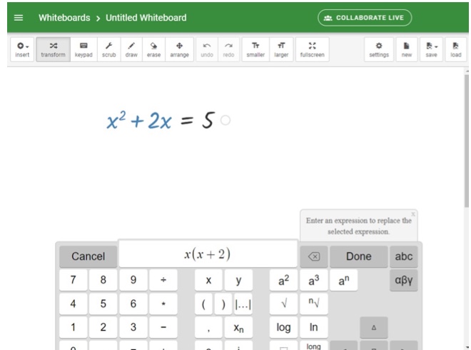 Graspable Math collaborative whiteboard with an equation and the expression keypad