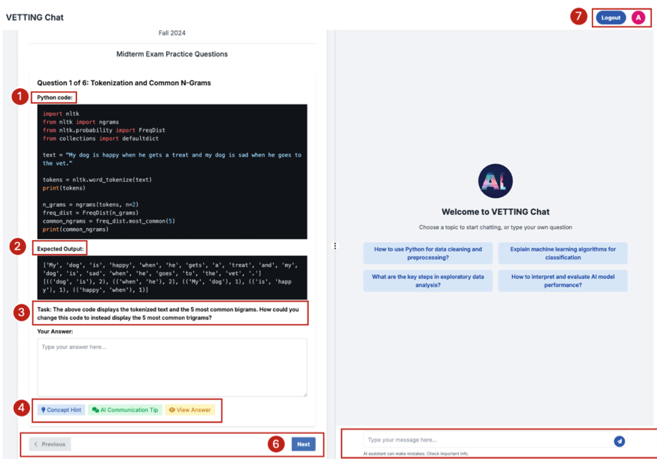 Round 1 study app: practice question with code on the left, AI chat on the right, numbered callouts for hints, answer reveal, and navigation